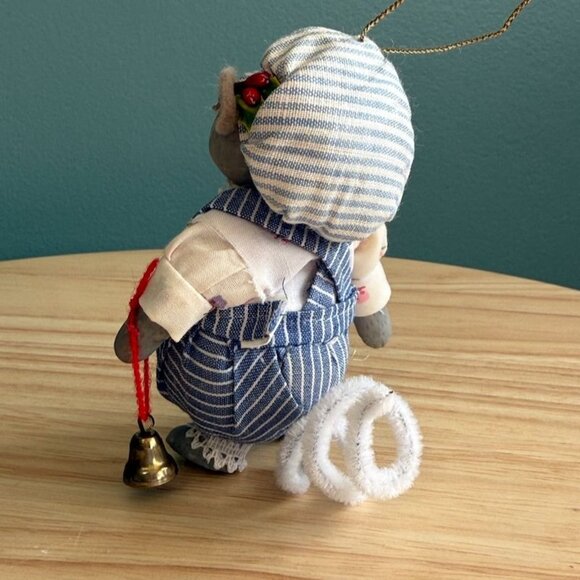 1983 Kurt Adler Christmas Ornament Porcelain Boy Mouse in Overalls Cap Bell - Picture 6 of 10